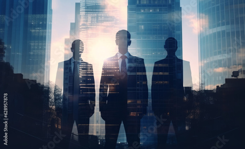 business people silhouette against a modern city skyline. Modern business team