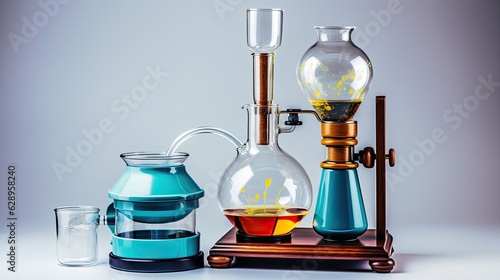 AI-generated illustration of distillation equipment - a metaphor for AI, machine learning and generative AI's huge input, convoluted processing and output of an entirely new essence. MidJourney.