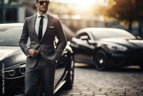 Confident businessman in suit stands next to luxury car. Concept of wealth and success. © Lazy_Bear