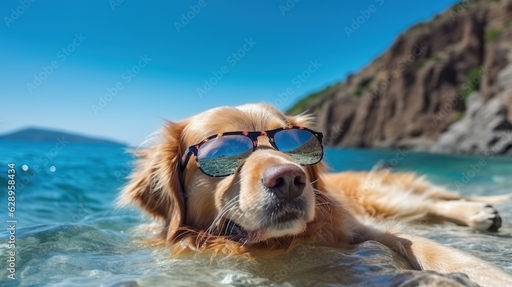 A dog in sunglasses lies and rests on the seashore. Summer relax. The concept of summer tourism. Illustration for cover, card, postcard, interior design, decor, invitations or print.