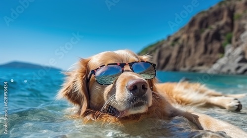 A dog in sunglasses lies and rests on the seashore. Summer relax. The concept of summer tourism. Illustration for cover, card, postcard, interior design, decor, invitations or print.