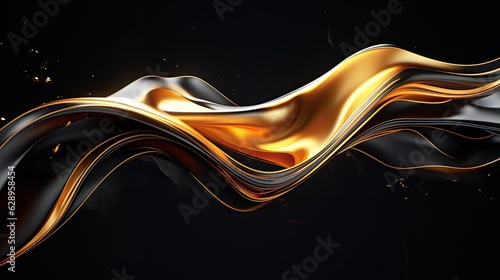 Three-dimensional golden black body wave on a black background. Abstract background with dynamic effect. Illustration for cover, card, postcard, interior design, print, advertising or presentation.