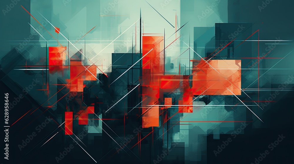 Contemporary abstract geometric art of buildings. Red and blue graphic. Town. Illustration for banner, poster, cover, brochure or presentation. - obrazy, fototapety, plakaty 