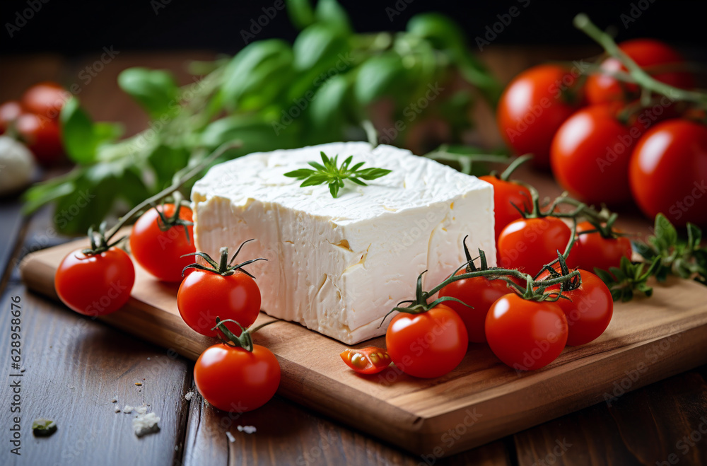 feta cheese on a wooden board with tomatoes, generative ai