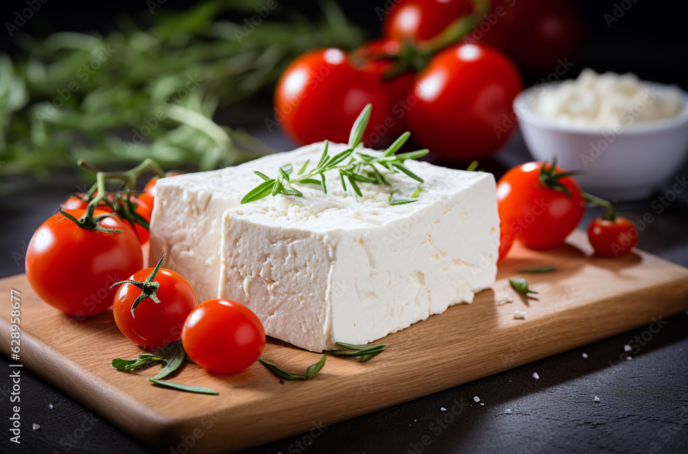 feta cheese on a wooden board with tomatoes, generative ai