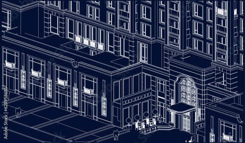 Architectural illustration of a luxury hotel entrance in 3D with a vector blueprint