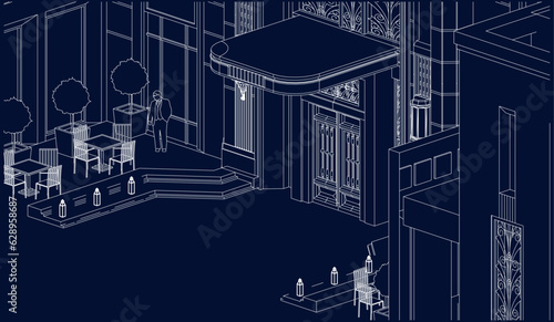 Architectural illustration of a luxury hotel entrance in 3D with a vector blueprint
