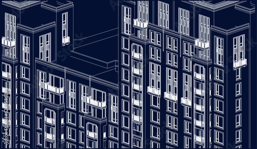 Is an isometric 3D illustration of an architectural apartment facade
