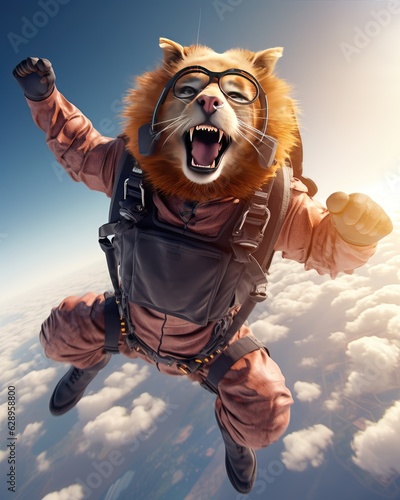 The majestic lion soars through the sky, skydiving fearlessly. © uhdenis
