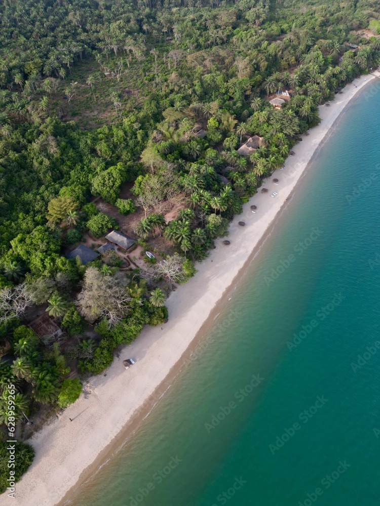 Aerial view of the beach surrounded by the sea and greenery Aerial view of the beach surrounded by the sea and greenery