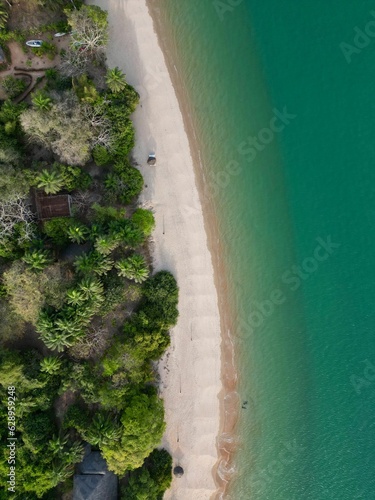 Aerial view of the beach surrounded by the sea and greenery