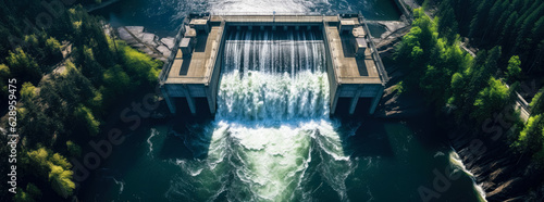 Hydroelectric power dam on a river in mountains, aerial view. Generative AI photo