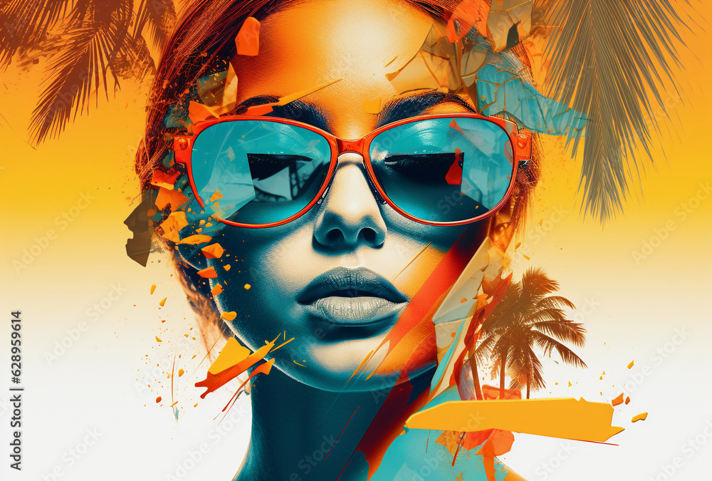 Fashion-forward woman adorned with red floral decorations and oversized sunglasses, epitomizing summer vibes. digital art, fashion illustrations, and seasonal trends. (Generated with AI)
