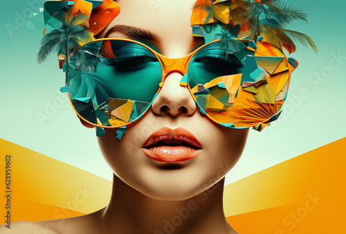 Fashion-forward woman adorned with red floral decorations and oversized sunglasses, epitomizing summer vibes. digital art, fashion illustrations, and seasonal trends. (Generated with AI)