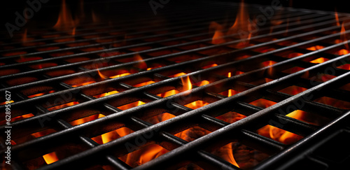 Barbecue Grill With Fire Flames, Empty Fire Grid On Black Background. Grill Background. Empty Fired Barbecue On Black, digital ai