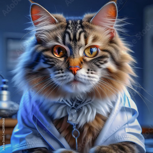 Portrait of a cute cat in a stethoscope in medical clothes  a cat doctor in a veterinary clinic. cat veterinarian