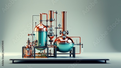 AI-generated illustration of distillation equipment - a metaphor for AI  machine learning and generative AI s huge input  convoluted processing and output of an entirely new essence. MidJourney.