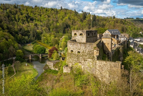 Aerial view of the historic Bouillon Castle and the forests of Belgian Ardennes
