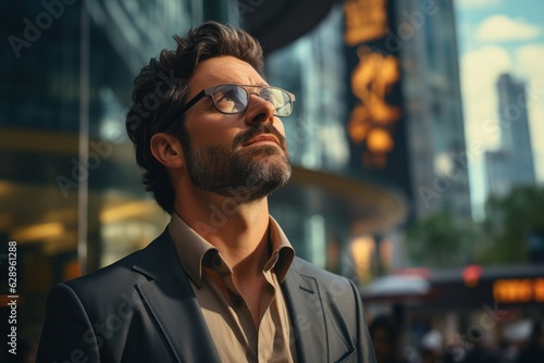 Confident wealthy businessman executive standing in the modern big city looking and dreaming of future business success. think of a new goal business vision and leadership concept