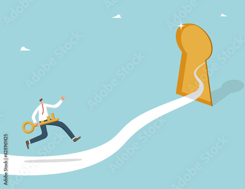 Progress or path to goals in course of the workflow, secret key to discovering new opportunities, ways and methods to achieve great success and win in business, man runs with key on way to keyhole.