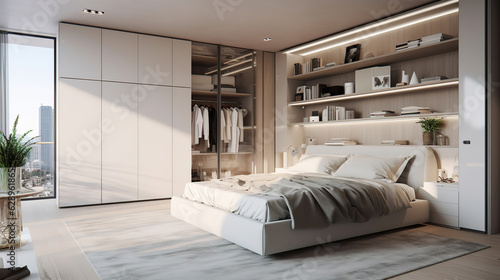 Interior of modern bedroom with comfortable bed and big closet in new apartment, generative ai 