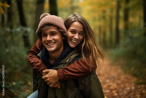 Happy young man carrying his beautiful smiling pretty woman on his back at the park  having fun together. Boyfriend giving piggyback ride on shoulder to his beautiful girlfriend in autumn. High