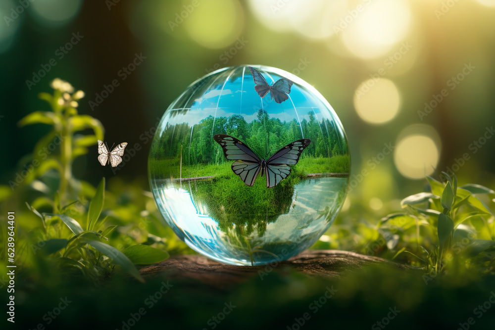 ESG green energy sustainable industry. World environment day concept.Globe Glass with butterfly. circular economy renewable energy . sustainable development goals.Environmental protection renewable