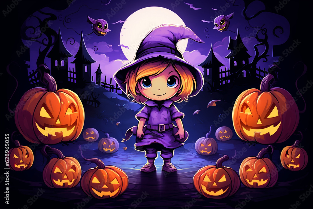 Fototapeta premium Cute colorful halloween illustration with girl in witch costume , carved glowing pumpkins and castle and bats in the back. High quality photo