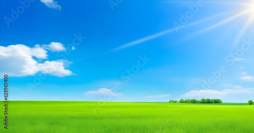 Beautiful natural landscape of a green field with grass against a blue sky with sun. Spring summer blurred background