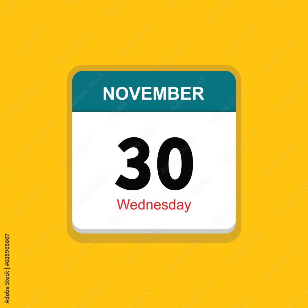 wednesday 30 november icon with yellow background, calender icon