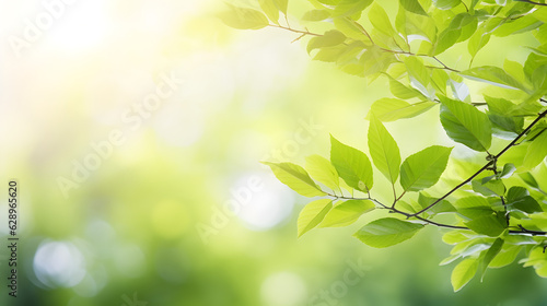 Beautiful natural spring summer defocused panoramic background frame with fresh juicy foliage and bokeh outdoors in nature.