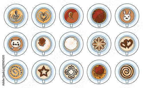 Top view of coffee isolated color set icon. Vector color set icon cup cappuccino. Vector illustration top view of coffee on white background.