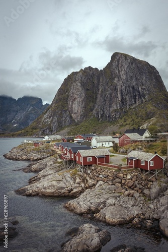 Hamnoy village in Norway with red cottages