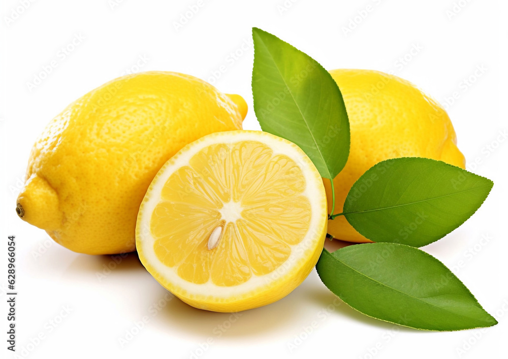 Yellow sour fresh lemons with leaves on white background.Macro.AI generative
