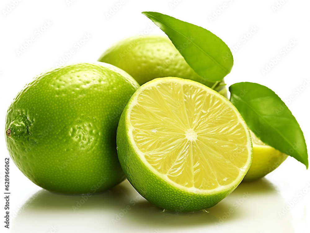 Green sour fresh limes on white background.Macro.AI generative Green sour fresh limes on white background.Macro.AI generative