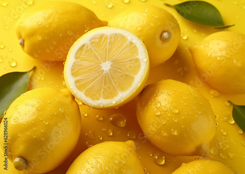 Fresh wet lemons with leaves on yellow background.Macro.AI generative