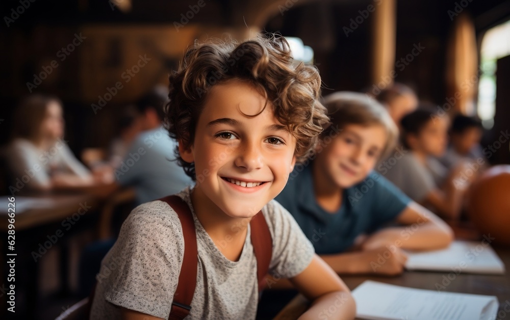 Happy Boy at School in their Class, concept Back to school. Generative AI