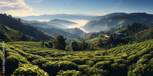 View of a Coffee plantation of Colombia or Brazil with coffee plants in the foreground. photo