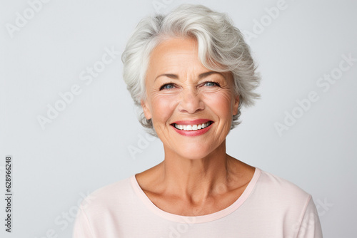 Portrait of Smiling confident stylish mature middle aged woman standing at home office. Old senior businesswoman  60s gray-haired lady executive business leader manager looking at camera . High