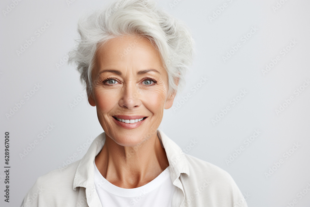 Portrait of Smiling confident stylish mature middle aged woman standing at home office. Old senior businesswoman, 60s gray-haired lady executive business leader manager looking at camera . High Portrait of Smiling confident stylish mature middle aged woman standing at home office. Old senior businesswoman, 60s gray-haired lady executive business leader manager looking at camera . High