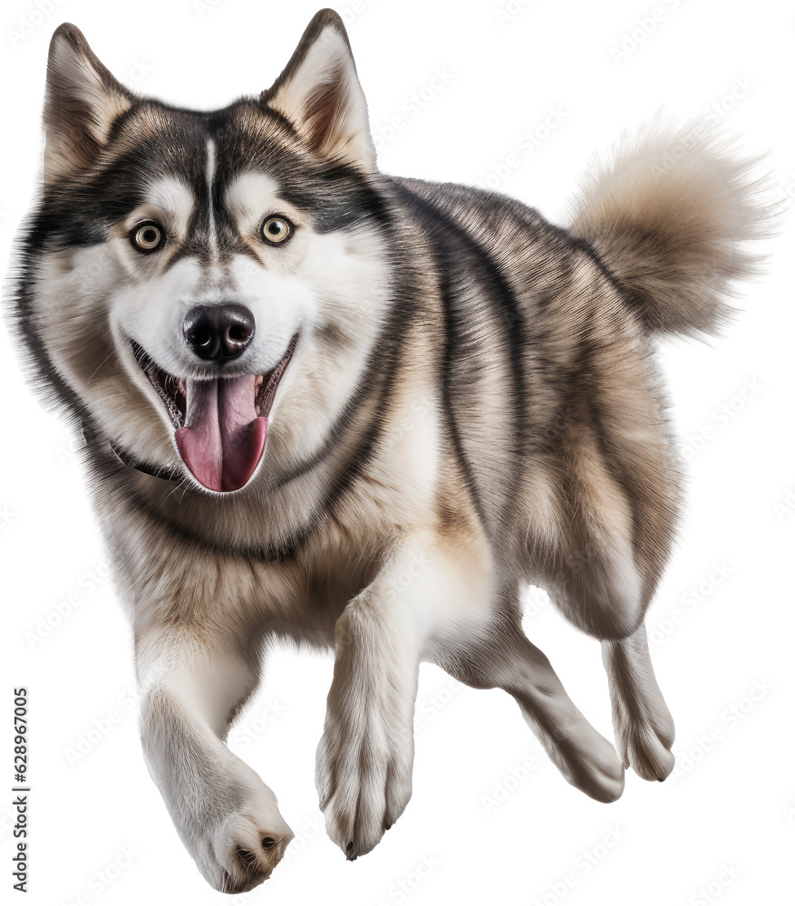 Running happy husky dog isolated on white background as transparent PNG