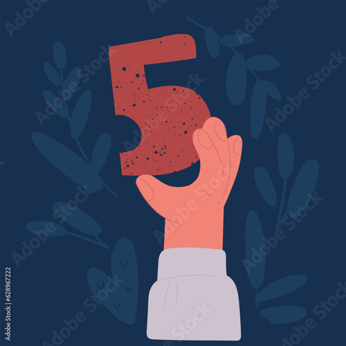 Cartoon vector illustration of Number five in hand. Hand holding number 5 on red background with copy space. Concept with number five. Birthday 5 years, fifth grade, five day work week