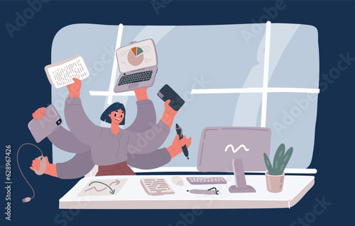 Cartoon vector illustration of Young girl busy shiva office manager with many hands keeps supplies.