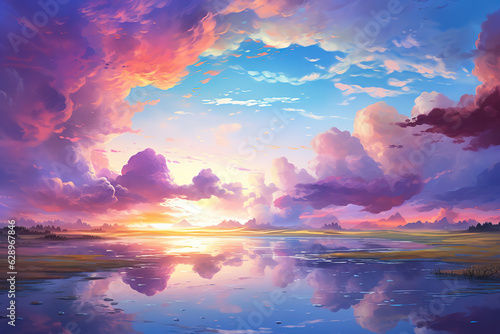 Beautiful Landscape Background Sky Clouds Sunset Landscape Light Colors Purple Anime style Magic and Colorful, generative ai 