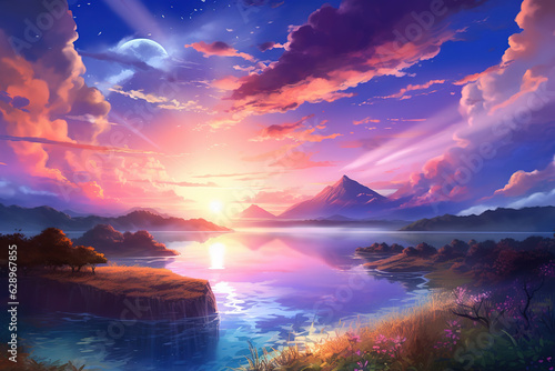 Beautiful Landscape Background Sky Clouds Sunset Landscape Light Colors Purple Anime style Magic and Colorful, generative ai 