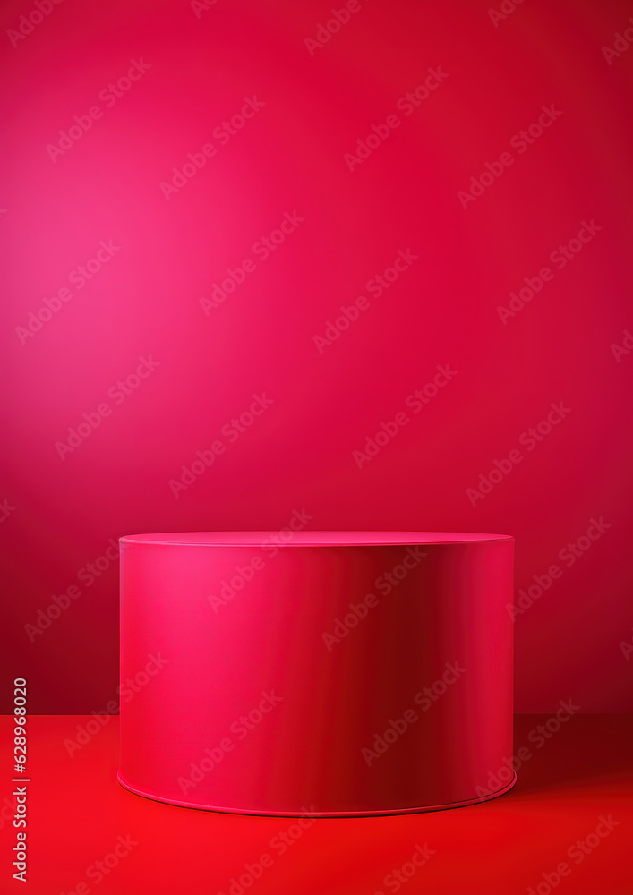 Cylinder podium covered with red cloth on viva magenta background. Premium empty fabric pedestal for product display, generative ai 
