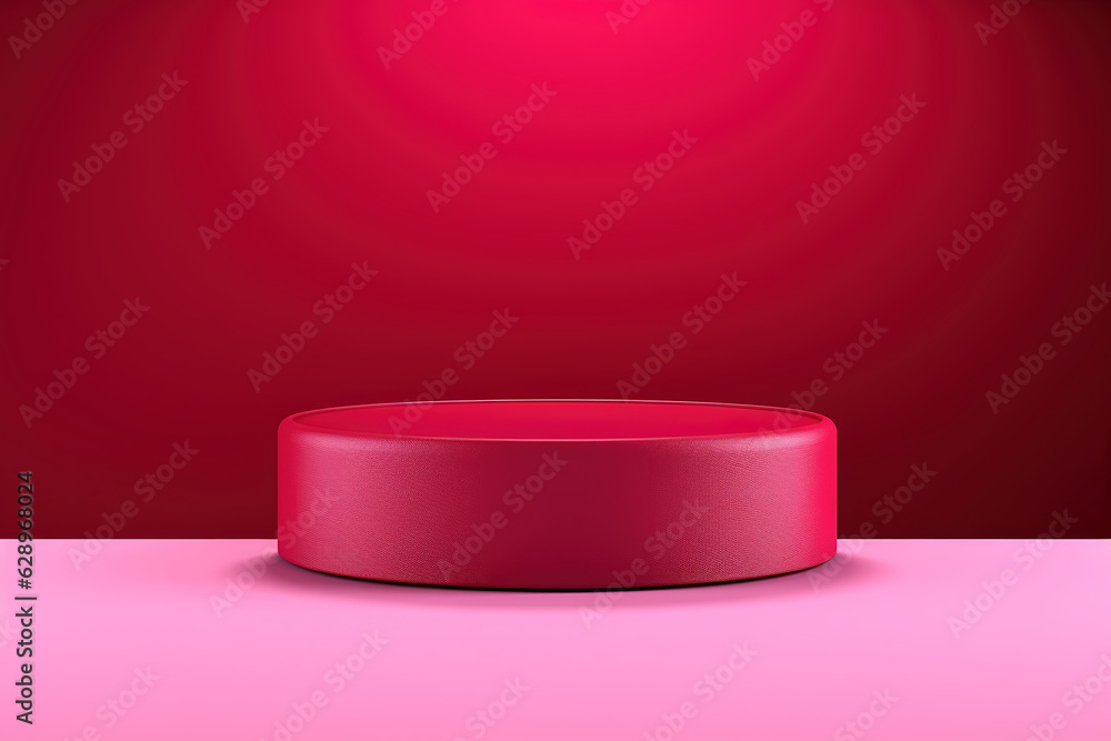 Cylinder podium covered with red cloth on viva magenta background. Premium empty fabric pedestal for product display, generative ai 