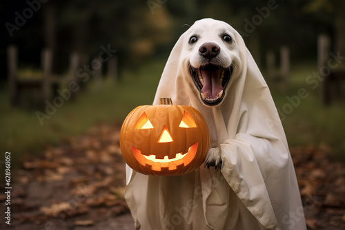 dog in a ghost costume holding a pumpkin in mouth, generative ai 