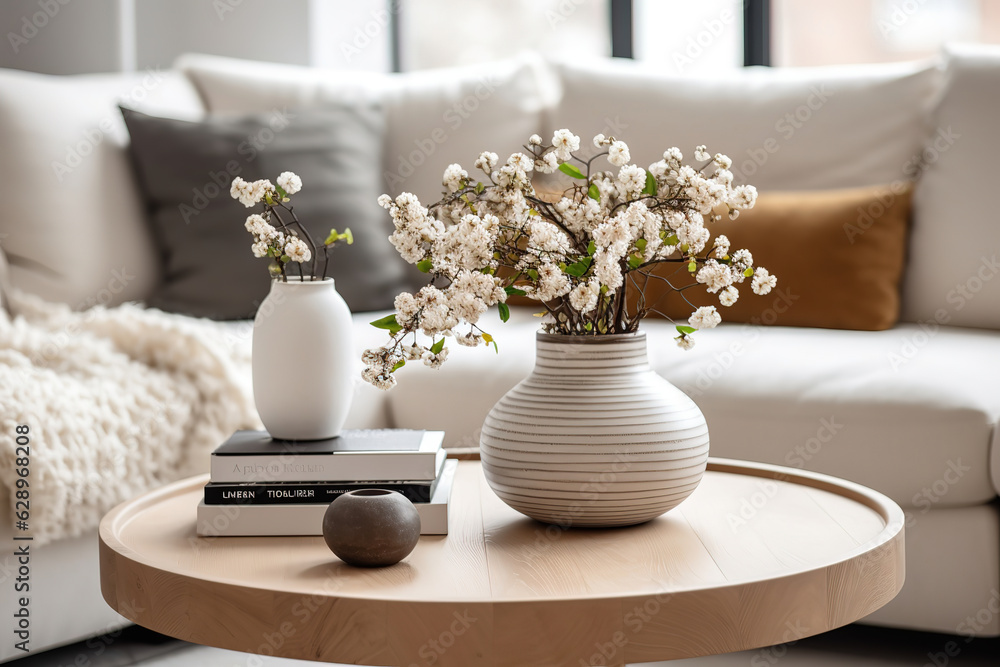 Flowers on wooden coffee table in fashionable living room interior with scandinavian design, generative ai 