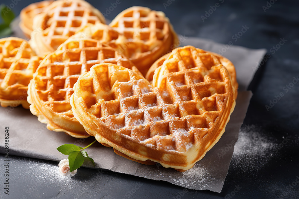 Freshly baked homemade heart shaped Belgium waffles on gray background. European baked pastry sweets. St. Valentine's Day breakfast concept, generative ai Freshly baked homemade heart shaped Belgium waffles on gray background. European baked pastry sweets. St. Valentine's Day breakfast concept, generative ai